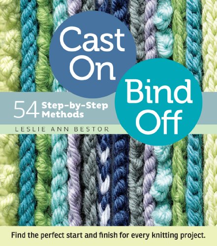 Book cover with colorful knitted samples and title "Cast On, Bind Off".