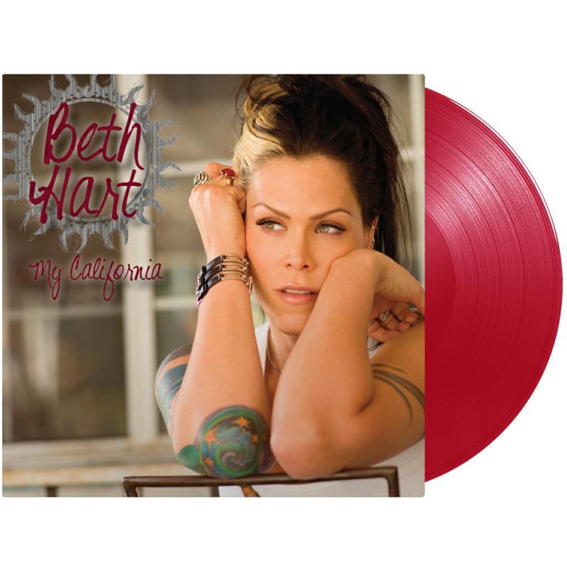 Beth Hart's "My California" vinyl record cover and a red vinyl disc.