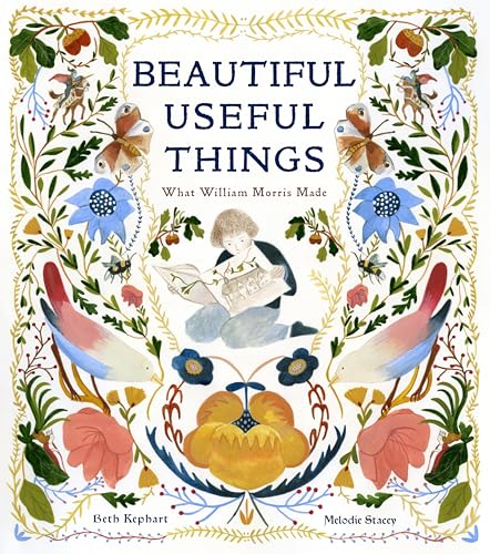 Book cover with floral border, a boy reading, and title “Beautiful Useful Things.”
