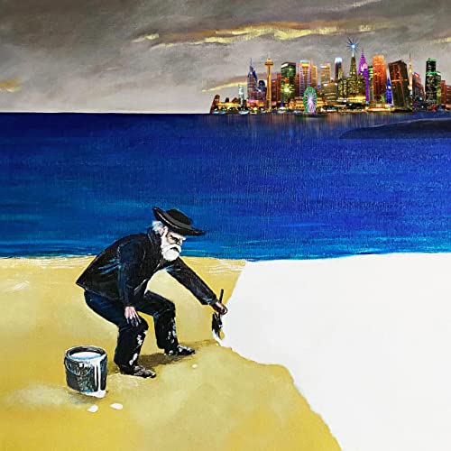 Painting of an elderly man painting a white line on sand.