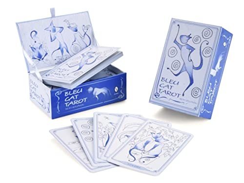 Blue tarot card deck with cat illustrations, box open with cards fanned.