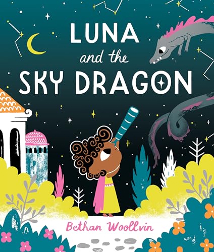 Girl with telescope looks at a dragon among stars and buildings.