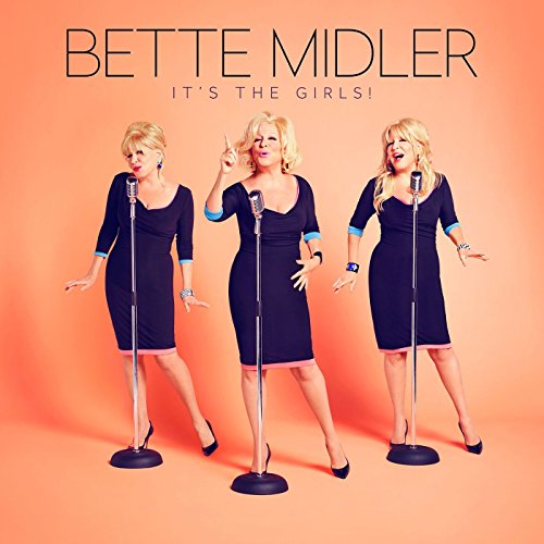 Bette Midler in three poses singing into microphones against a solid peach background.