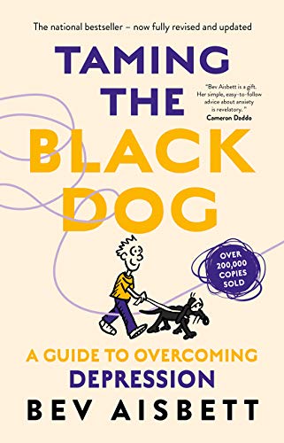 Book cover: "Taming the Black Dog" with illustration of a person walking a dog.