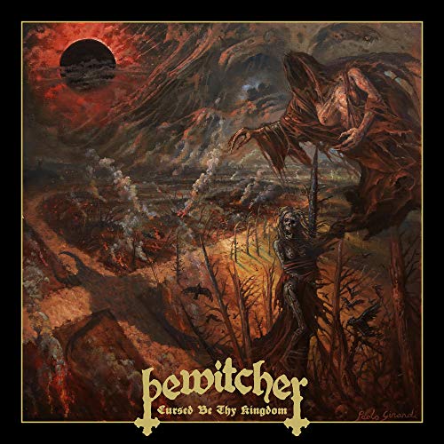 Dark fantasy album cover with a skeletal figure and fiery landscape.