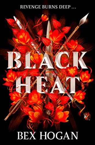 Book cover featuring the title Black Heat surrounded by red flowers and crossed spears.