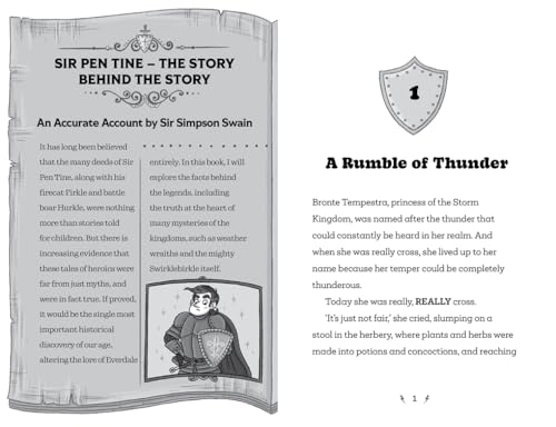 Book page with illustrated knight and shield, text about “Bronte Tempestra.”