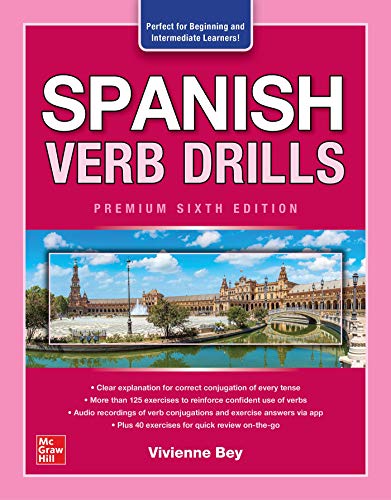Cover of "Spanish Verb Drills, Premium Sixth Edition" textbook with a Spanish plaza scene.