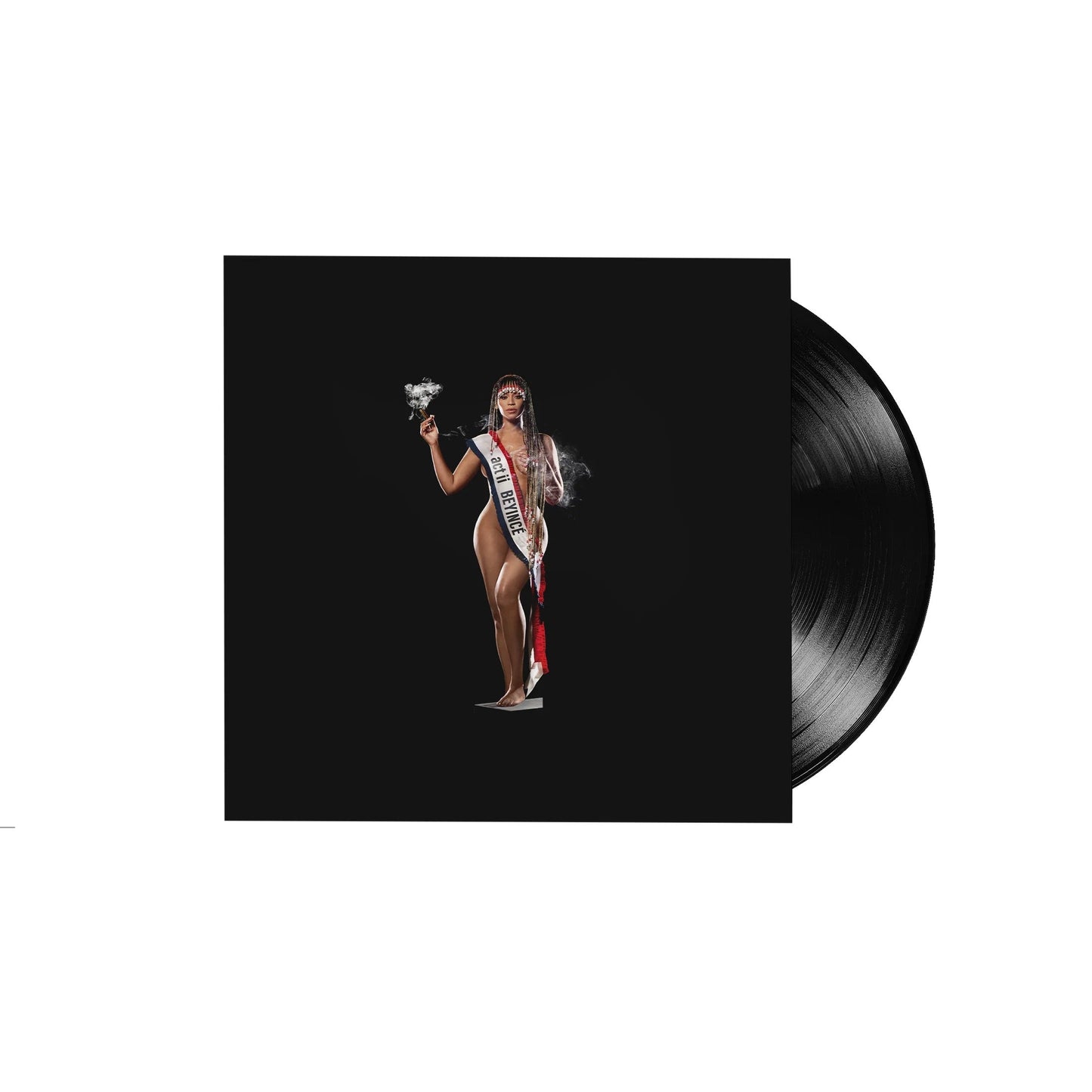 Beyoncé wearing a sash on a black vinyl record cover against a white background.