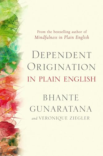 Book cover: "Dependent Origination in Plain English" with abstract watercolor art.