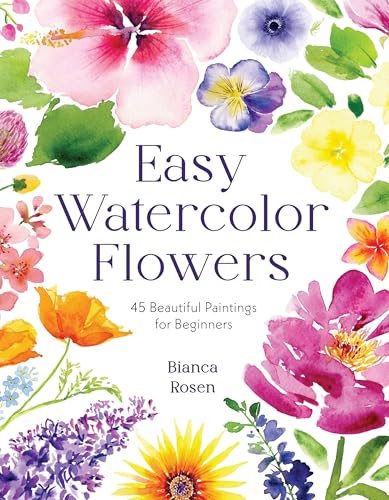 Book cover titled Easy Watercolor Flowers surrounded by colorful hand-painted watercolor floral illustrations.