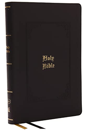 Black leather-bound Bible with gold lettering, closed and angled slightly.