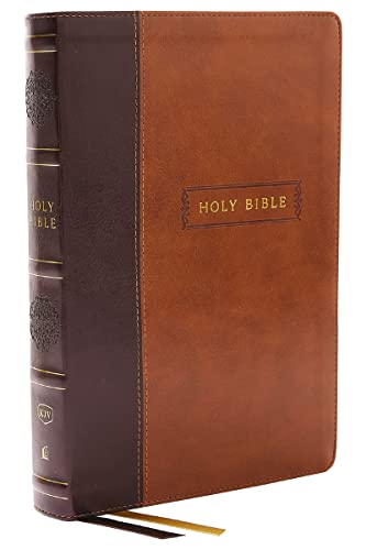 Brown leathersoft Bible with gold-edged pages and “HOLY BIBLE” embossed on cover.
