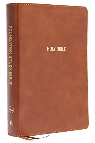 Brown leather-look Bible with gold lettering, closed and standing upright.