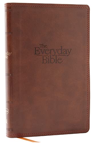Brown leathersoft Bible with title "The Everyday Bible" embossed on cover.