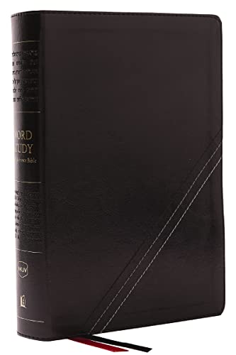 Black leathersoft Bible with silver stitching and a red ribbon bookmark.