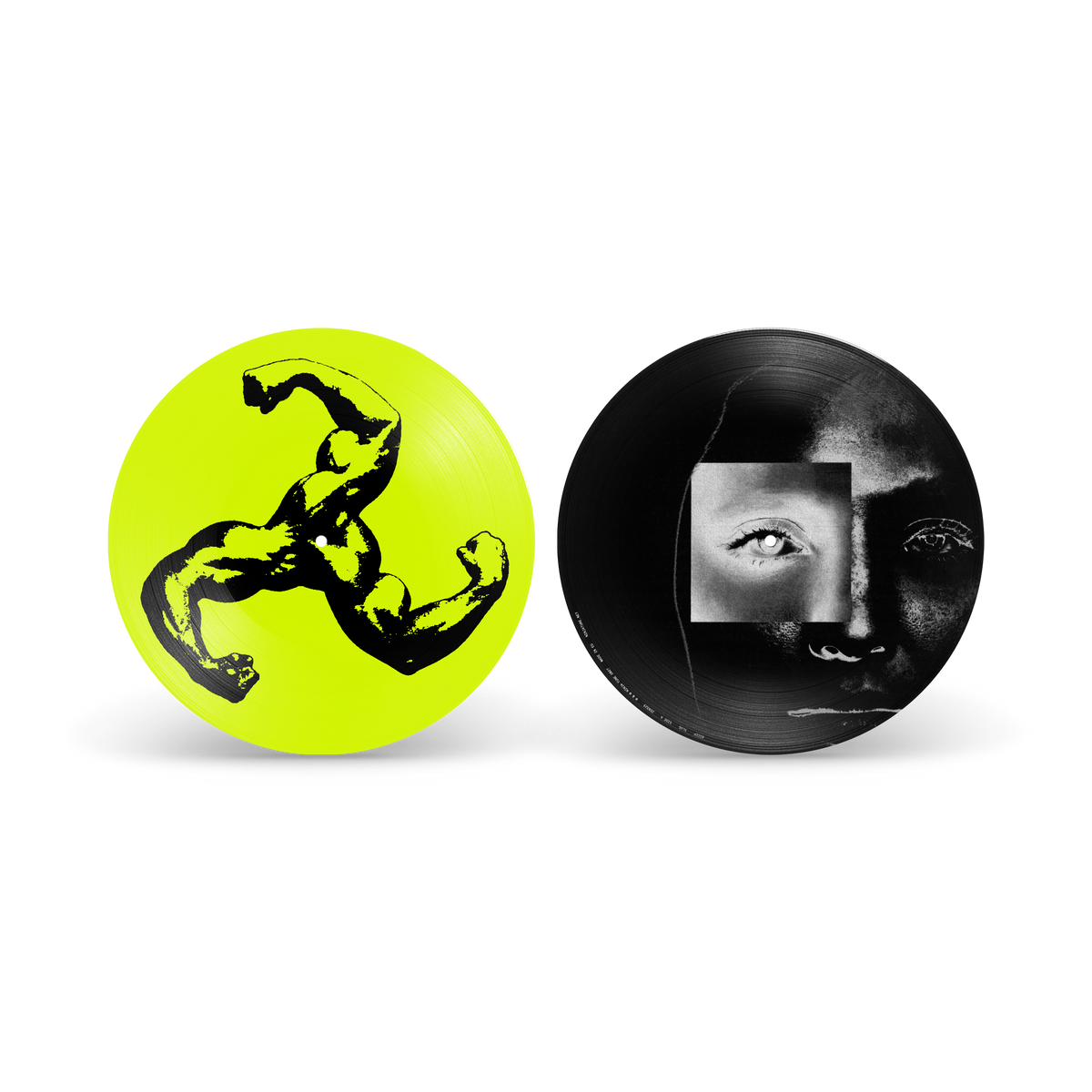 Two vinyl records, one yellow with an arm, one black with a face.