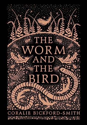 Book cover: worm and bird illustration amidst detailed foliage, terracotta tones.