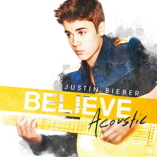 Justin Bieber playing an acoustic guitar on the Believe Acoustic album cover.