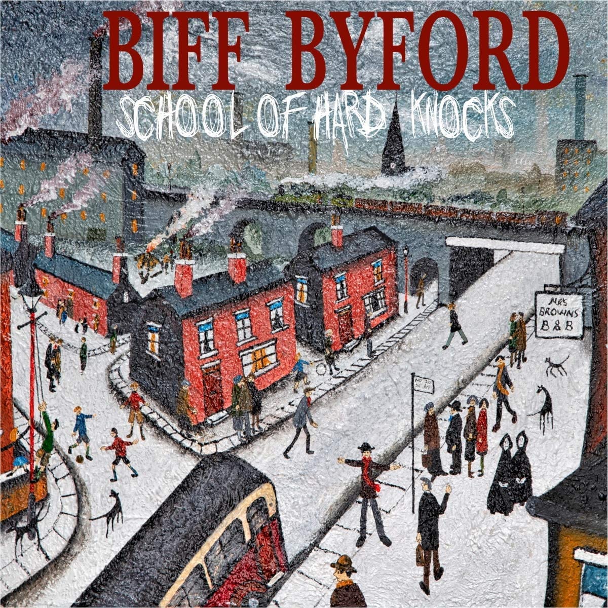 "Biff Byford's 'School of Hard Knocks' CD cover featuring a vintage industrial town illustration."