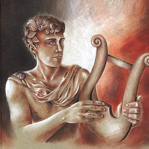Classical portrait of a man playing a golden lyre, album art.