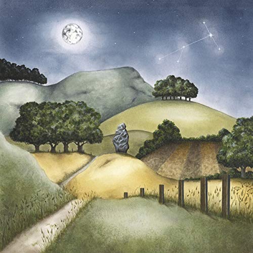 Painted landscape with a full moon, standing stone, and connecting stars.