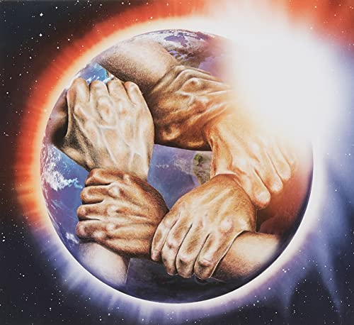 "Album cover art: multiple hands holding the Earth, surrounded by stars and a glow."