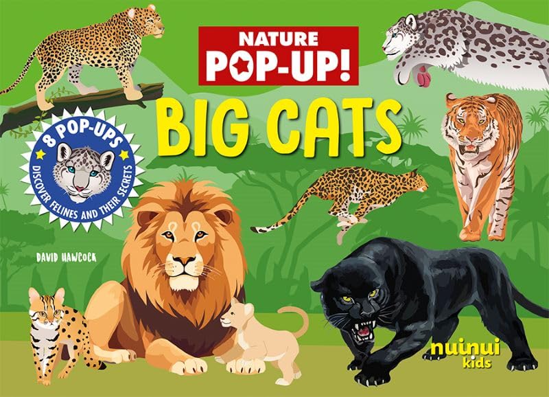 Book cover titled Big Cats featuring illustrations of a lion, tiger, panther, and leopards.