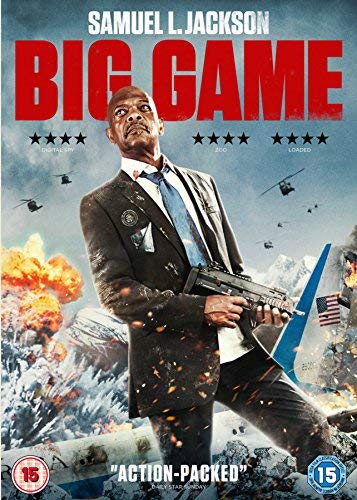 Samuel L. Jackson in "Big Game" DVD cover, action scene with explosions.