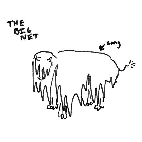 Black and white sketch of an elephant with text "The Big Net" and "song".