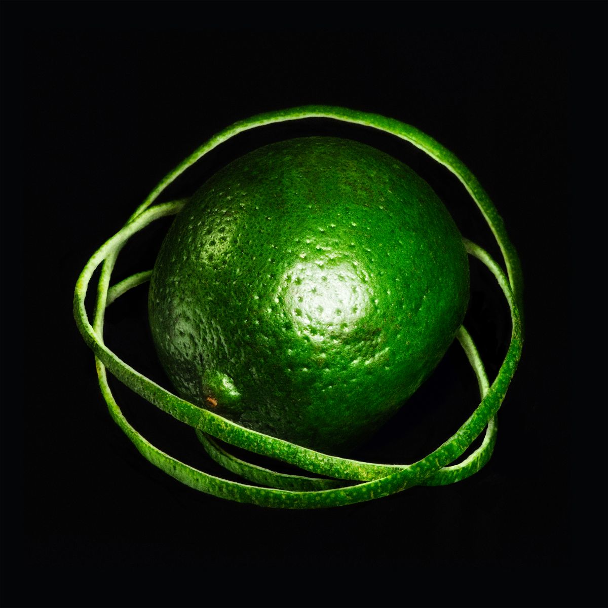 Green avocado with swirling peel against a stark black background.