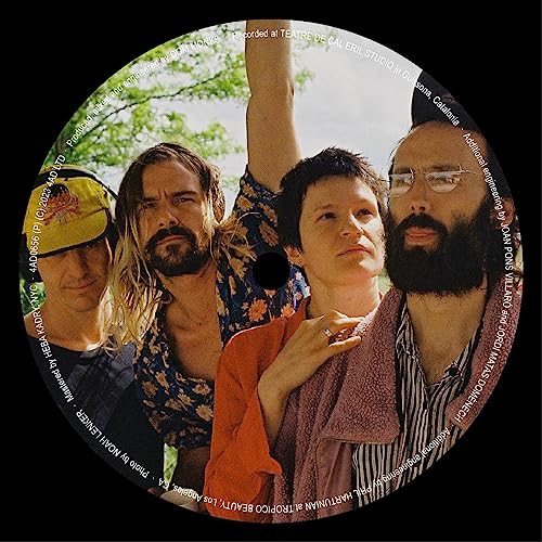 Vinyl record label featuring four members of the band Big Thief outdoors.