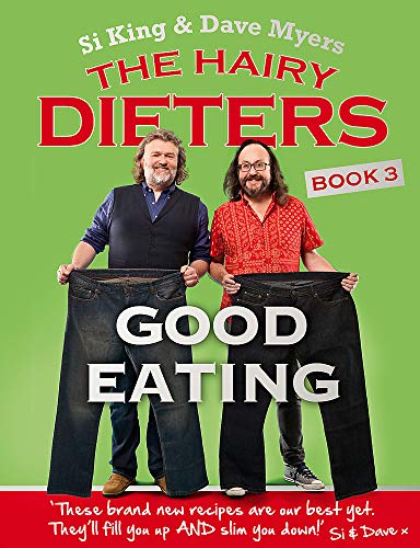 Two bearded men holding oversized jeans, cookbook cover for "The Hairy Dieters.