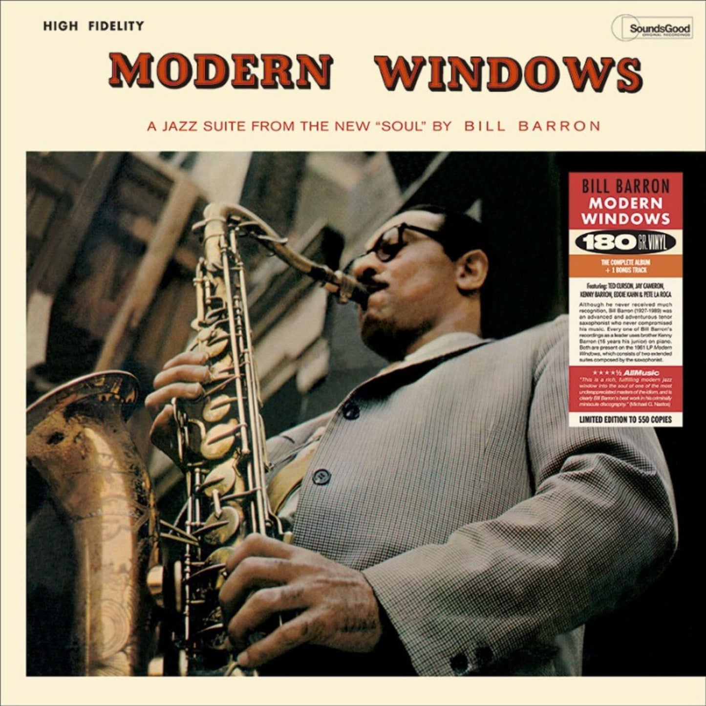 Vinyl album cover for Bill Barron’s “Modern Windows” featuring a musician with a saxophone.