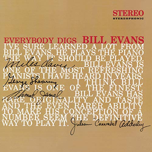 Album cover for Bill Evans’ “Everybody Digs Bill Evans” with red text on white.
