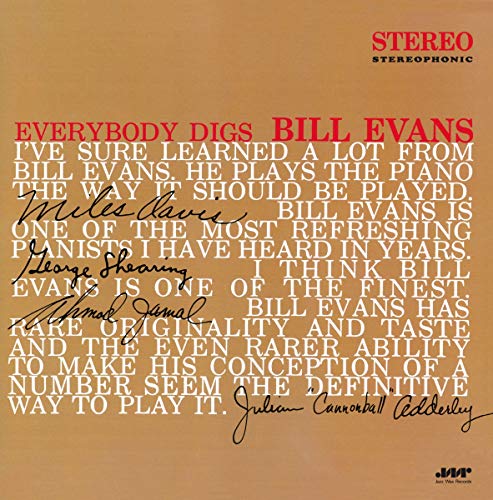 Orange album cover for Bill Evans' "Everybody Digs Bill Evans" vinyl record.