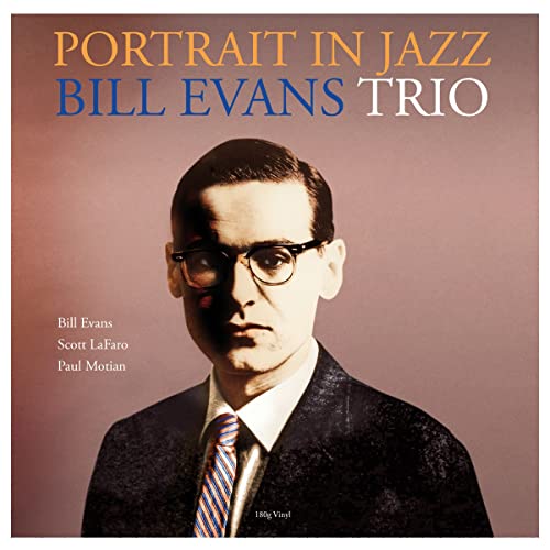 Album cover for Bill Evans Trio’s “Portrait in Jazz” featuring a portrait of Evans.