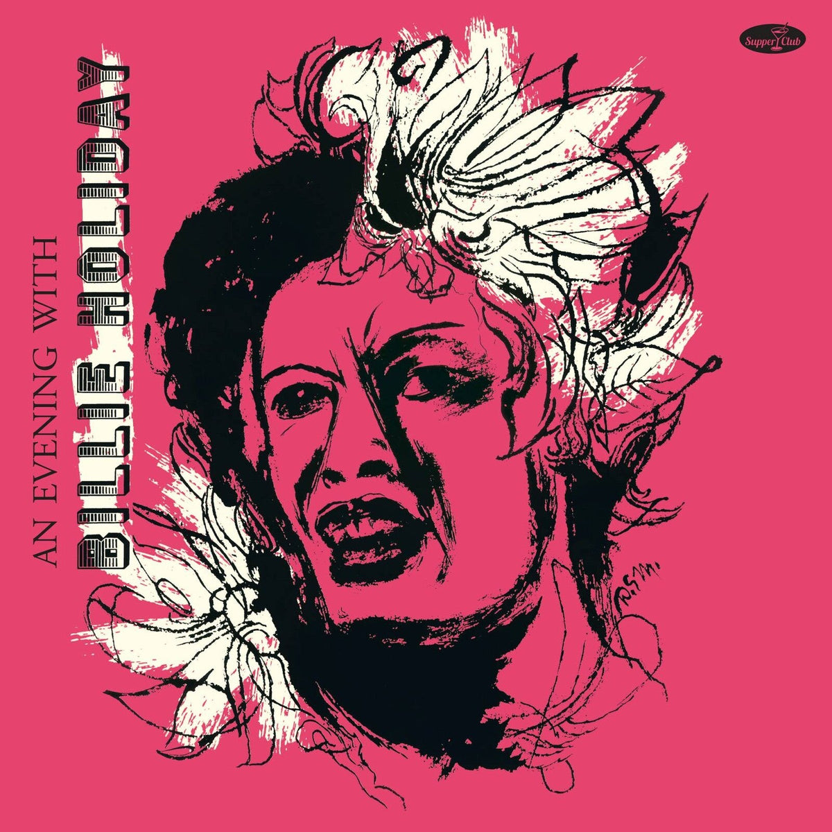 Billie Holiday portrait on a pink album cover with white text and feathers.