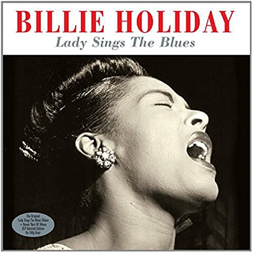 Black and white portrait of Billie Holiday singing, album cover.