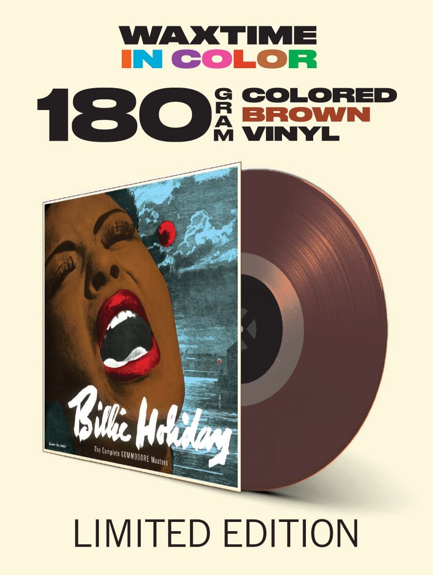 Stylized illustration of Billie Holiday singing, set against a dark blue night sky background.