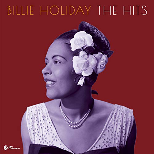 Billie Holiday with white flowers in her hair against a solid dark red background.
