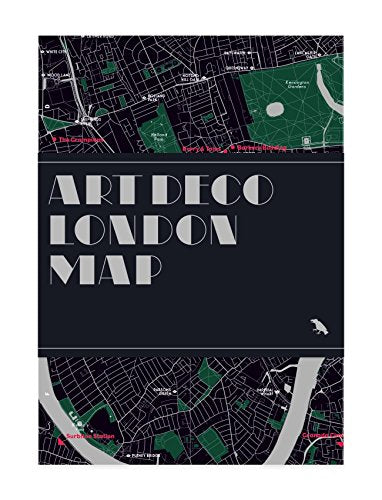 Art Deco London map with black, green, and white street details.