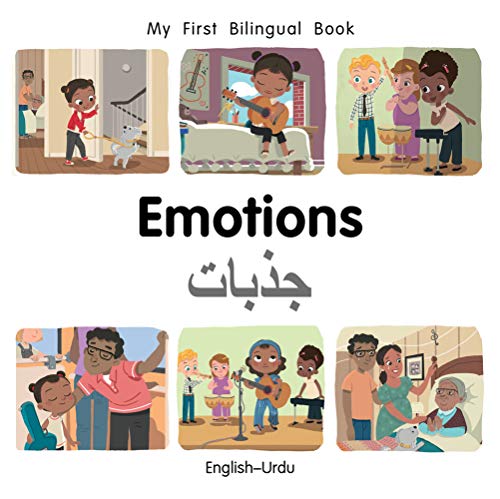 Bilingual children’s book cover depicting diverse kids expressing emotions.