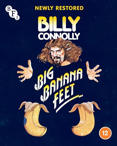 Billy Connolly portrait with bananas, title “Big Banana Feet” on Blu-ray.