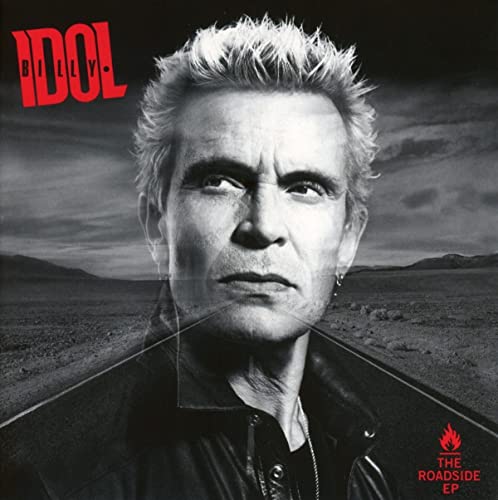 Black and white portrait of Billy Idol superimposed over a desert road landscape.