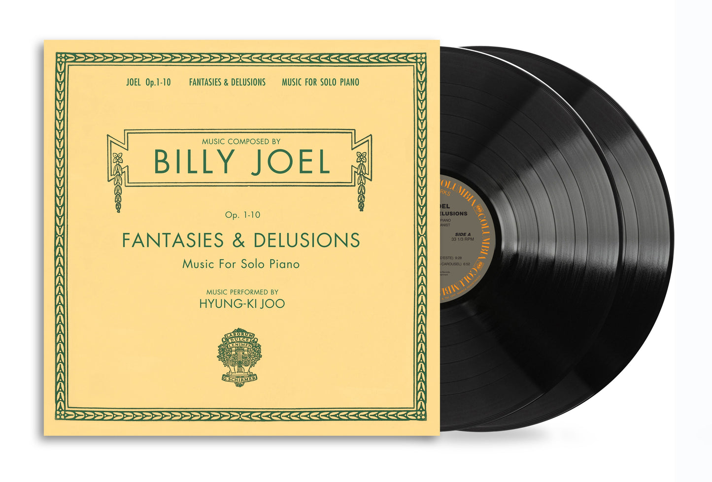 Billy Joel's "Fantasies & Delusions" vinyl record with yellow border.