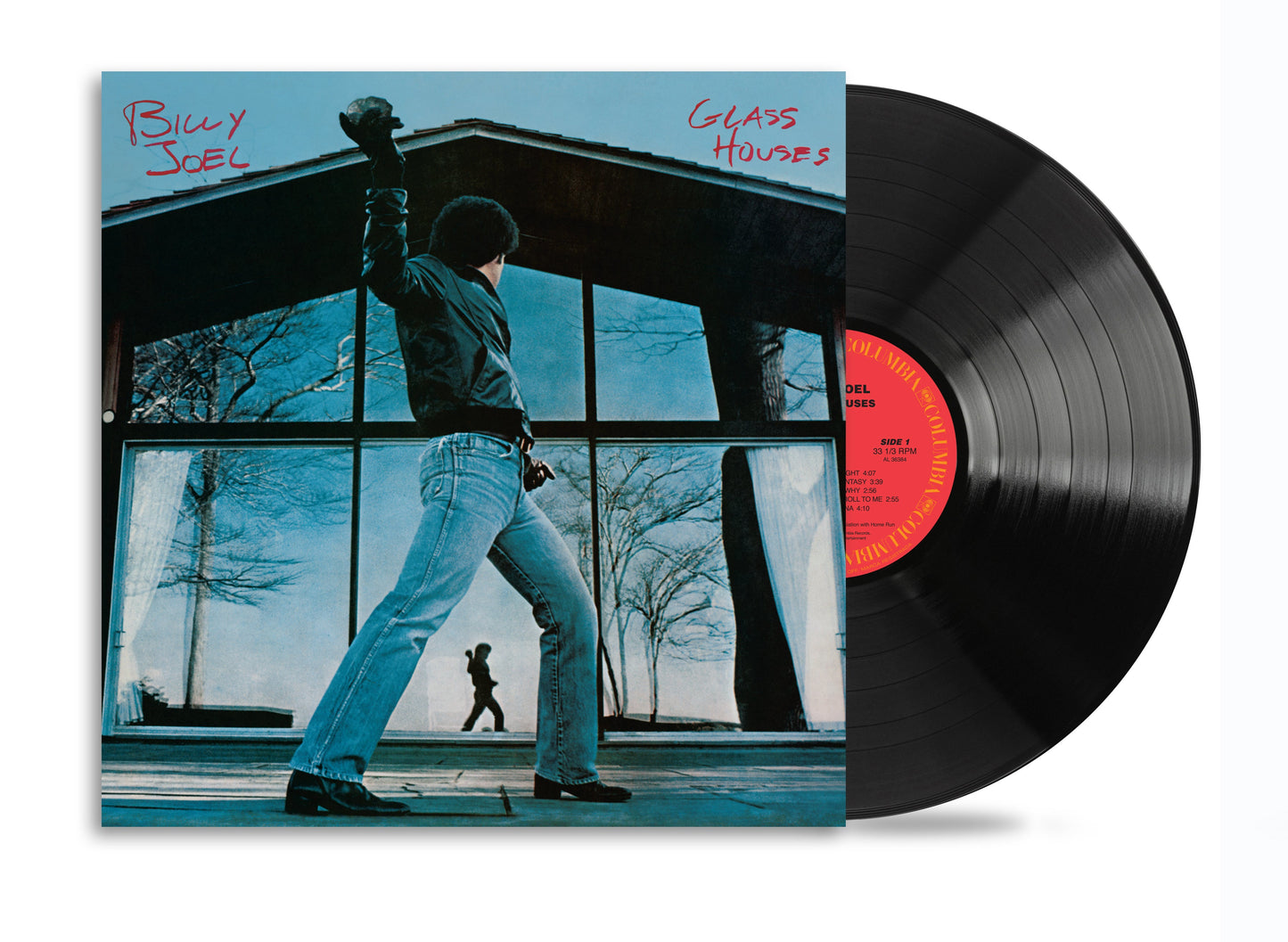 Billy Joel Glass Houses vinyl record album cover and black vinyl disc.