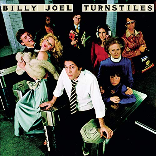 Billy Joel's Turnstiles album cover featuring various people standing around subway turnstiles.