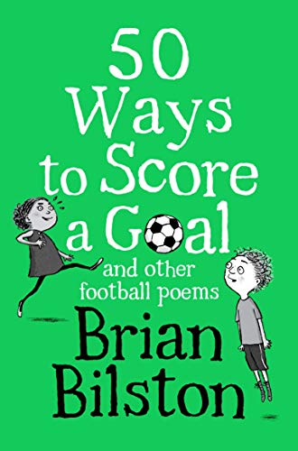 Book cover with green background featuring illustrations of two children and a football.