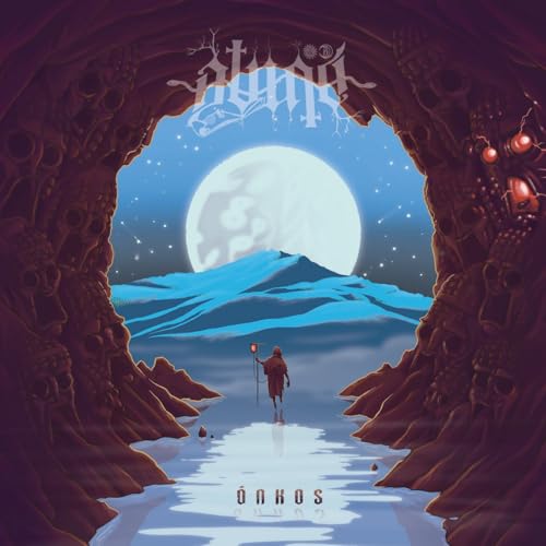 CD cover: lone figure with lantern before a large moon and mountains.